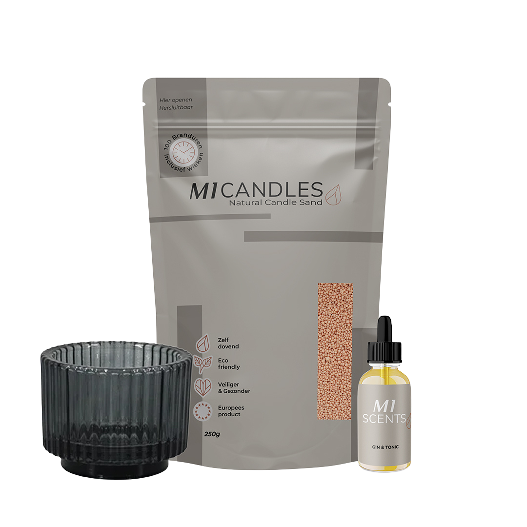 Starterspakket Plus van M1 Candles met kaarsenzand, geurolie en glazen houder – duurzaam en herbruikbaar kaarsconcept.