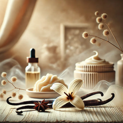 Warme, elegante setting met een vanillebloem, vanillestokjes, steranijs en verzorgingsproducten zoals crème en olie, omgeven door zachte decoratieve takjes.