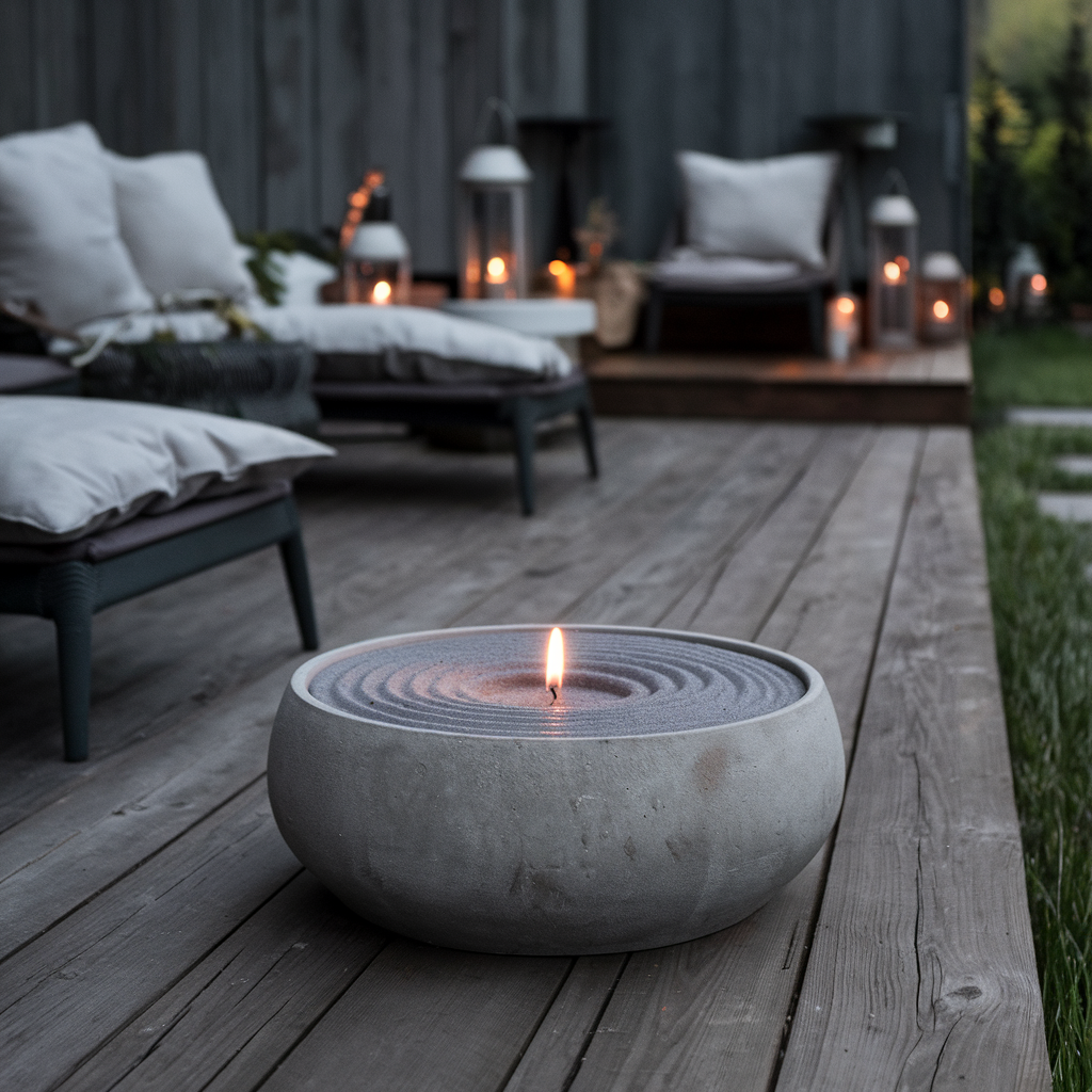 Betonnen schaal met kaarsenzand en één brandende lont, geplaatst op een houten terras met loungezetels en lantaarns op de achtergrond voor een sfeervolle buitenomgeving.