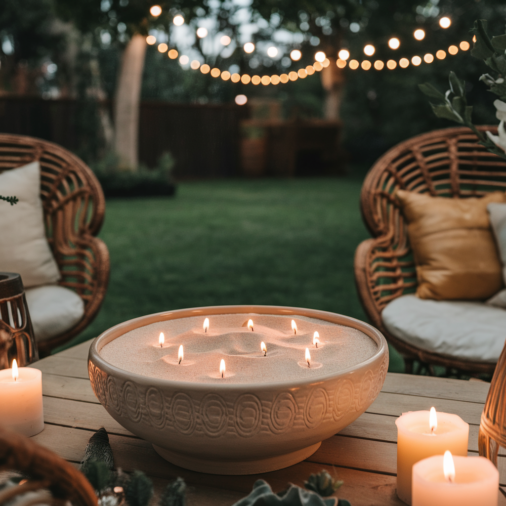 Gezellige tuinsetting in de avond met rotanstoelen, kussens en kaarsen, met op de voorgrond een grote keramische schaal gevuld met kaarsenzand en meerdere brandende lonten.
