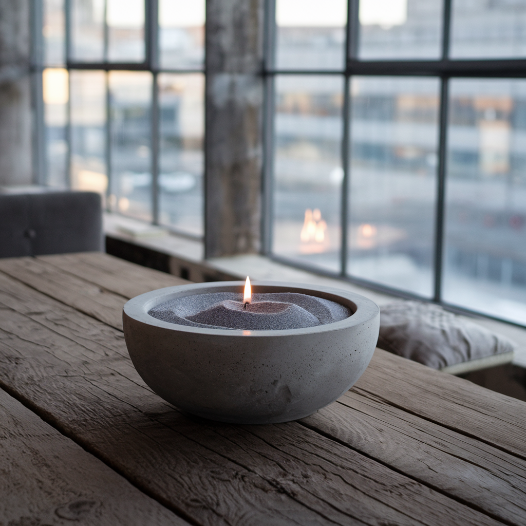 Betonnen schaal gevuld met kaarsenzand en een brandende lont, geplaatst op een robuuste houten tafel in een industrieel interieur met grote ramen.