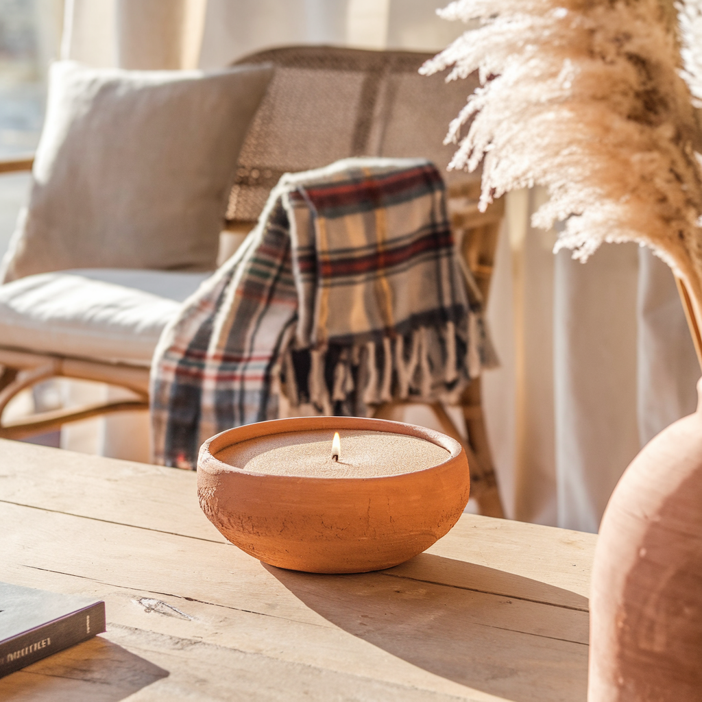 Gezellige interieursetting met een brandende kaars in een terracotta kom op een houten tafel, met op de achtergrond een stoel met plaid en een vaas met pampasgras.