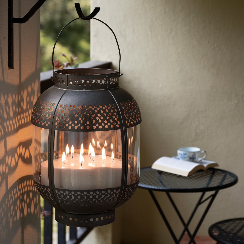 Sfeervolle metalen lantaarn met meerdere brandende lonten, hangend aan een muur op een balkon, met op de achtergrond een tafel met een kopje thee en een open boek.