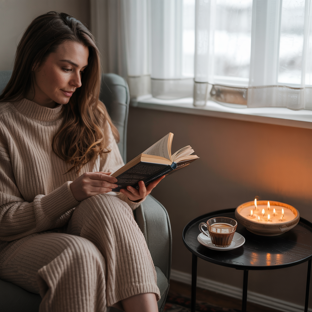 Vrouw in een beige gebreide outfit leest een boek in een fauteuil, met naast haar een tafeltje met een cappuccino en een schaal met meerdere brandende lonten.