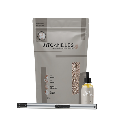 Luxe pakket van M1 Candles met kaarsenzand, geurolie en aansteker – duurzaam, herbruikbaar en veilig kaarsconcept.