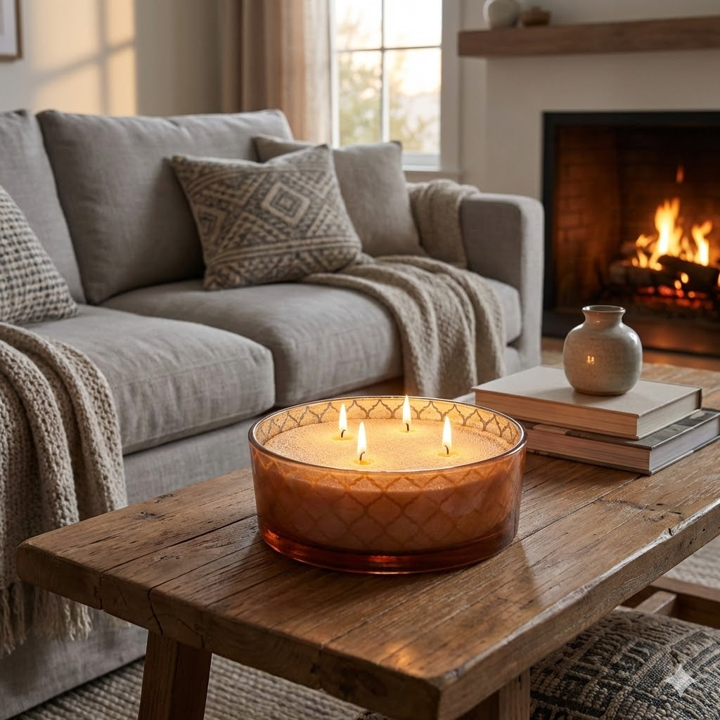 Brandende kaars in glazen schaal op houten salontafel in gezellige woonkamer met open haard